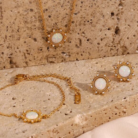 White Opal Sun Stud Earrings 18K Gold Plated Stainless Steel - Picture 5 of 7